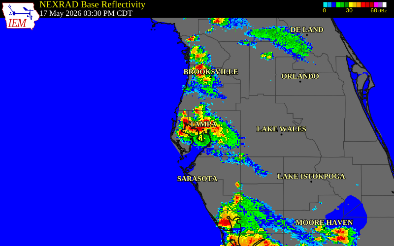 NEXRAD radar during the Sunday, May 17, 2026 storm activity in Pinellas County, Florida