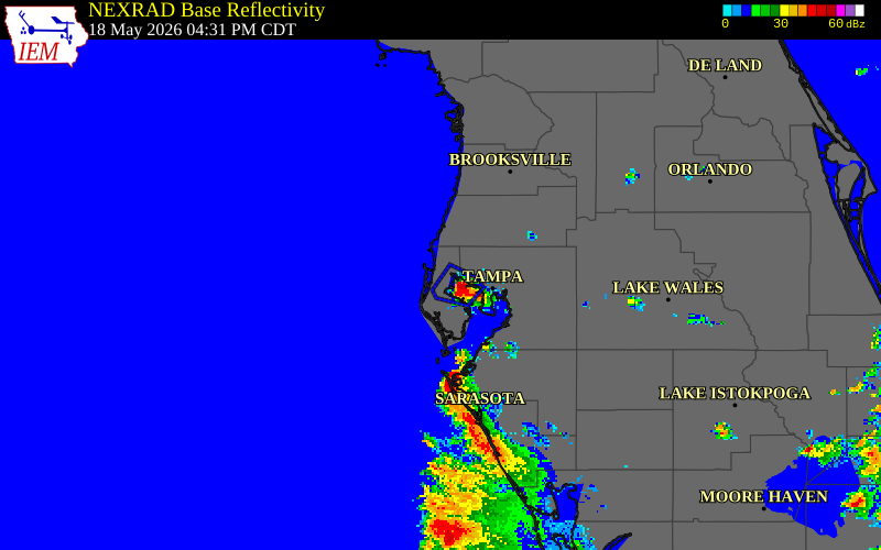 NEXRAD radar during the Monday, May 18, 2026 storm activity in Pinellas County, Florida