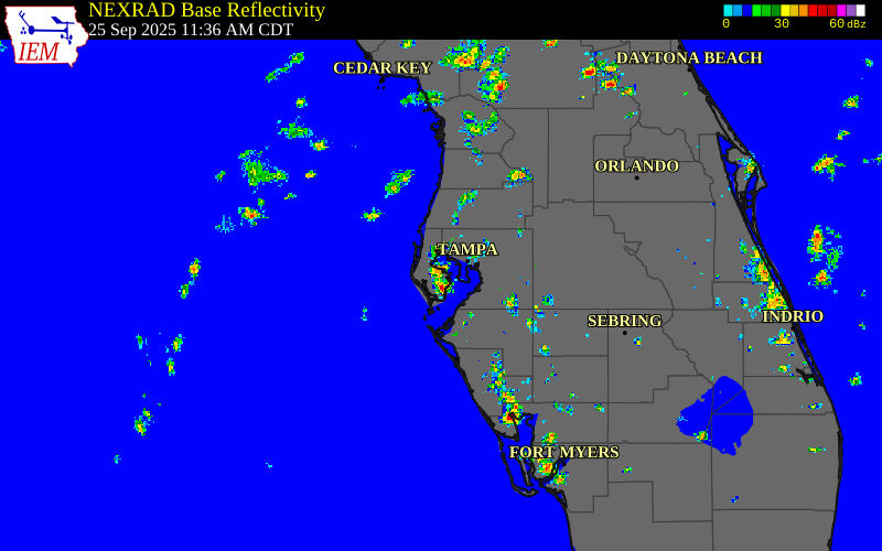 Radar snapshot during the Sep 25, 2025 tornado event near 2 S Feather Sound, Pinellas County, Florida, with NWS warning polygons