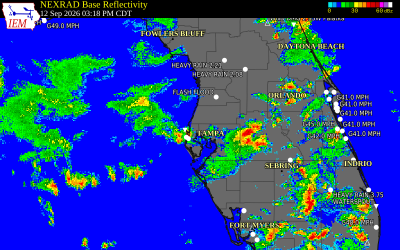 Current NEXRAD radar over Pinellas County, Florida with recent storm report locations