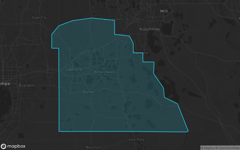 Map of Polk County, Florida showing the county boundary and surrounding cities