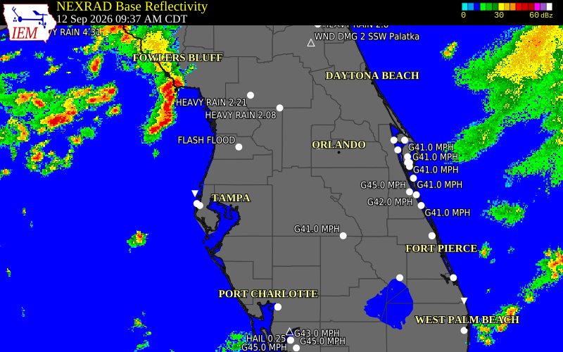Current NEXRAD radar over Polk County, Florida with recent storm report locations