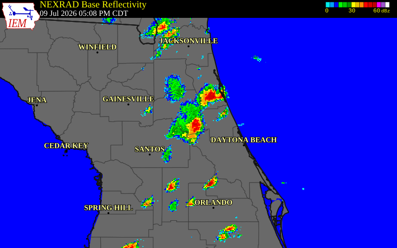 NEXRAD radar during the Thursday, July 9, 2026 storm activity in Putnam County, Florida