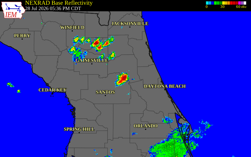 NEXRAD radar during the Tuesday, July 28, 2026 storm activity in Putnam County, Florida