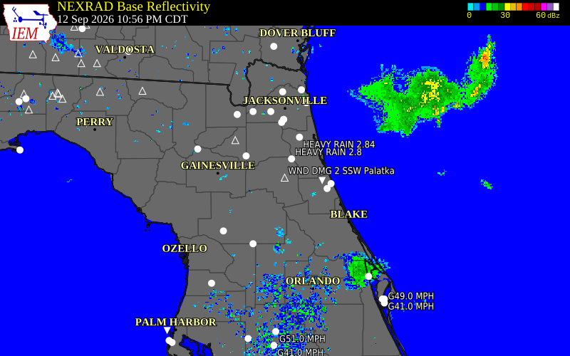 Current NEXRAD radar over Putnam County, Florida with recent storm report locations