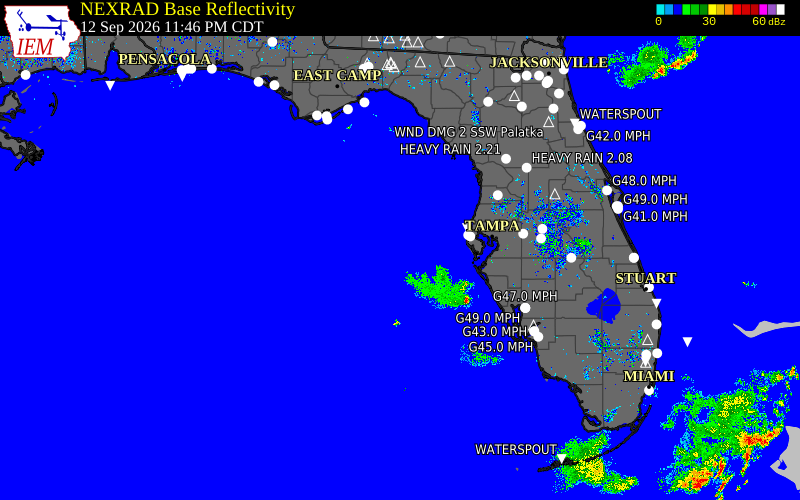Current NEXRAD radar across Florida with recent storm report locations