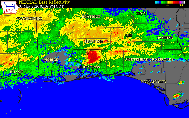 NEXRAD radar during the Friday, May 8, 2026 storm activity in Santa Rosa County, Florida