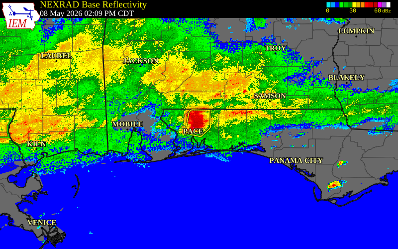 Radar snapshot during the May 8, 2026 hail event near 2 WNW Allentown, Santa Rosa County, Florida, with NWS warning polygons