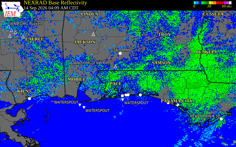 Current NEXRAD radar over Santa Rosa County, Florida with recent storm report locations