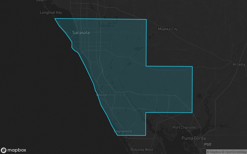 Map of Sarasota County, Florida showing the county boundary and surrounding cities