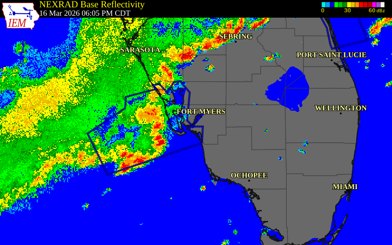 NEXRAD radar during the Monday, March 16, 2026 storm activity in Sarasota County, Florida
