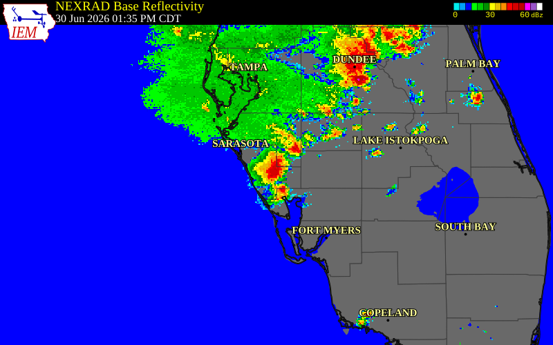 NEXRAD radar during the Tuesday, June 30, 2026 storm activity in Sarasota County, Florida