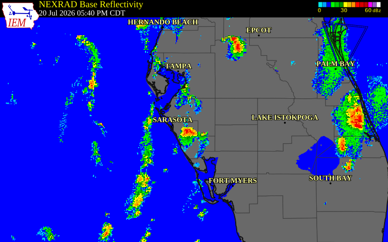 NEXRAD radar during the Monday, July 20, 2026 storm activity in Sarasota County, Florida