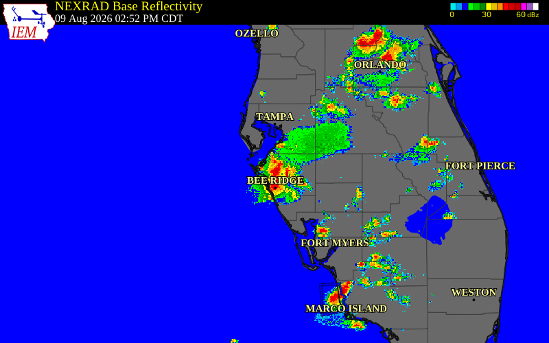 Radar snapshot during the Aug 9, 2026 wind event near Sarasota County, Sarasota County, Florida, with NWS warning polygons