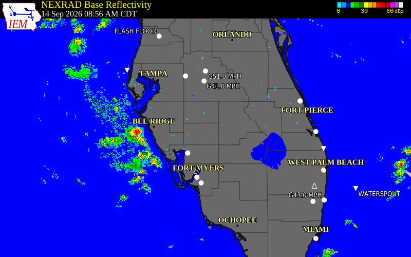 Current NEXRAD radar over Sarasota County, Florida with recent storm report locations