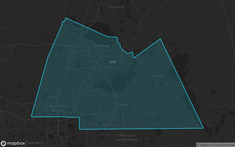 Map of Seminole County, Florida showing the county boundary and surrounding cities