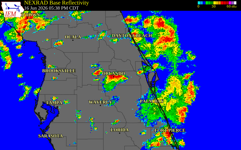 NEXRAD radar during the Tuesday, June 16, 2026 storm activity in Seminole County, Florida