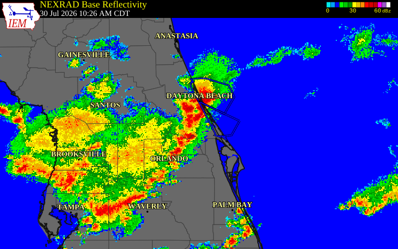 NEXRAD radar during the Thursday, July 30, 2026 storm activity in Seminole County, Florida