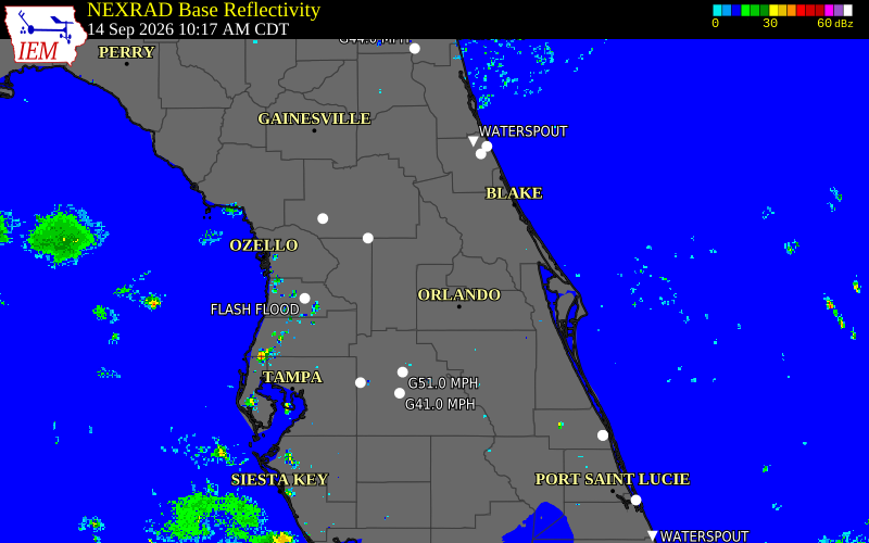 Current NEXRAD radar over Seminole County, Florida with recent storm report locations