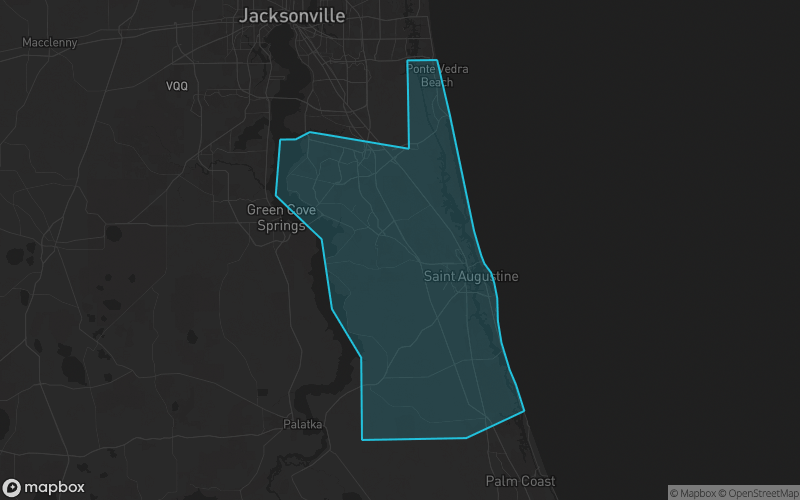 Map of St. Johns County, Florida showing the county boundary and surrounding cities