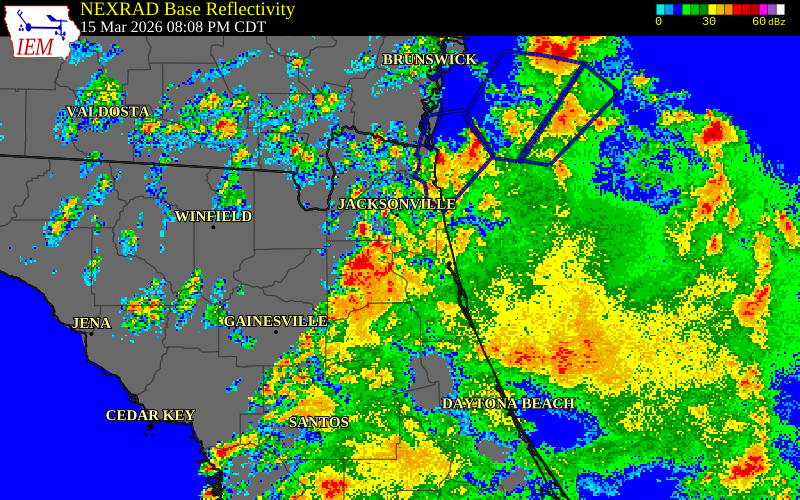 NEXRAD radar during the Sunday, March 15, 2026 storm activity in St. Johns County, Florida