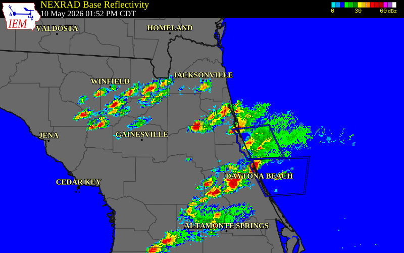 NEXRAD radar during the Sunday, May 10, 2026 storm activity in St. Johns County, Florida