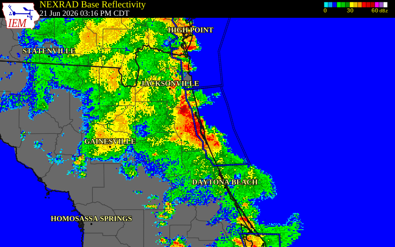 NEXRAD radar during the Sunday, June 21, 2026 storm activity in St. Johns County, Florida