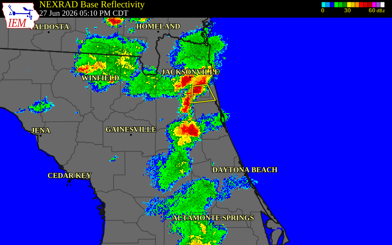 NEXRAD radar during the Saturday, June 27, 2026 storm activity in St. Johns County, Florida