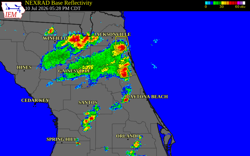 NEXRAD radar during the Friday, July 10, 2026 storm activity in St. Johns County, Florida