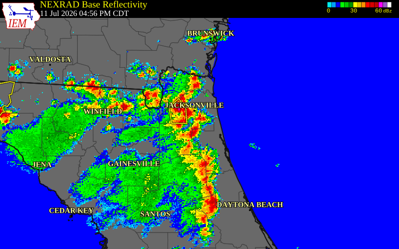 NEXRAD radar during the Saturday, July 11, 2026 storm activity in St. Johns County, Florida