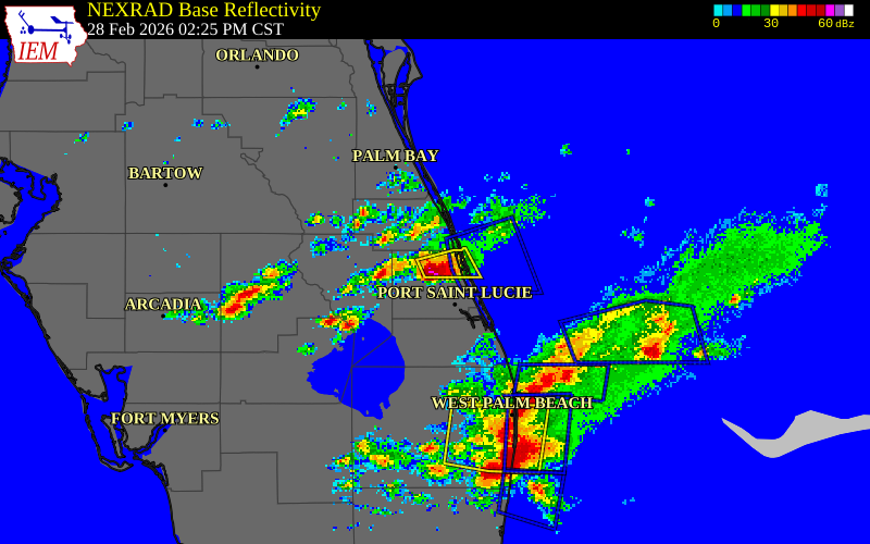 NEXRAD radar during the Saturday, February 28, 2026 storm activity in St. Lucie County, Florida