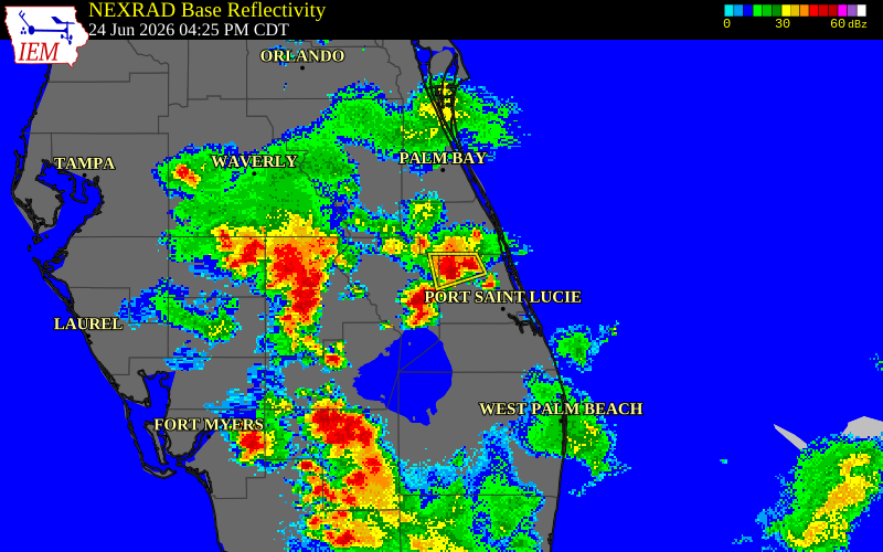 NEXRAD radar during the Wednesday, June 24, 2026 storm activity in St. Lucie County, Florida