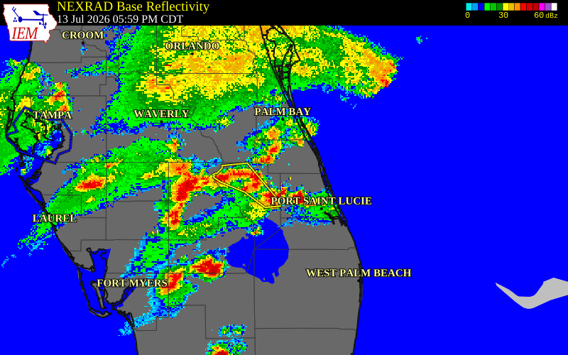 NEXRAD radar during the Monday, July 13, 2026 storm activity in St. Lucie County, Florida