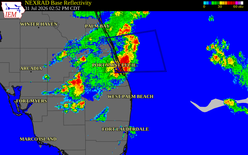 NEXRAD radar during the Friday, July 31, 2026 storm activity in St. Lucie County, Florida