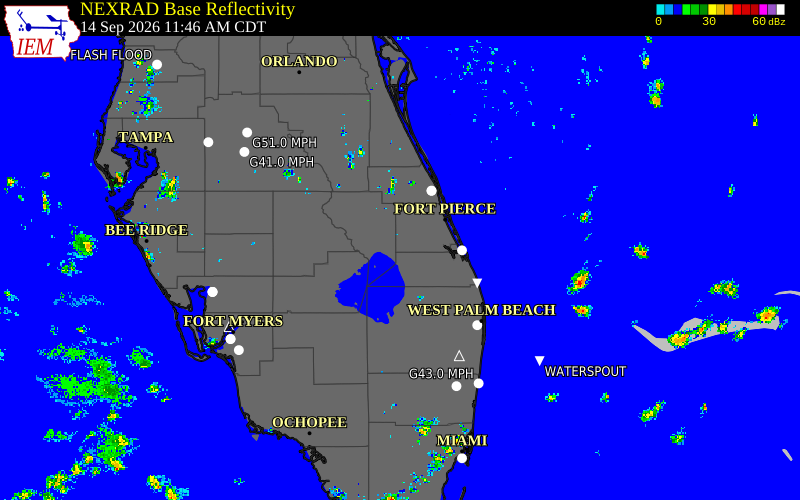 Current NEXRAD radar over St. Lucie County, Florida with recent storm report locations
