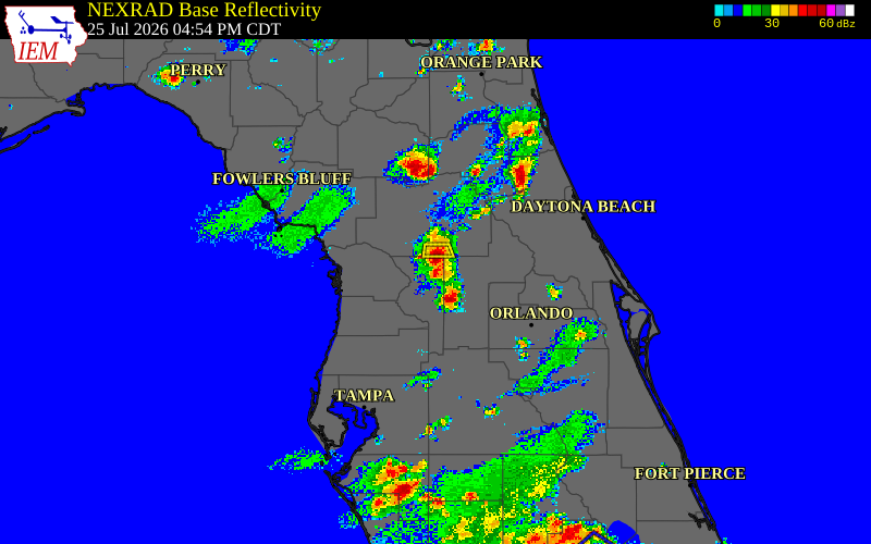 Radar snapshot during the Jul 25, 2026 wind event near Sumter County, Sumter County, Florida, with NWS warning polygons