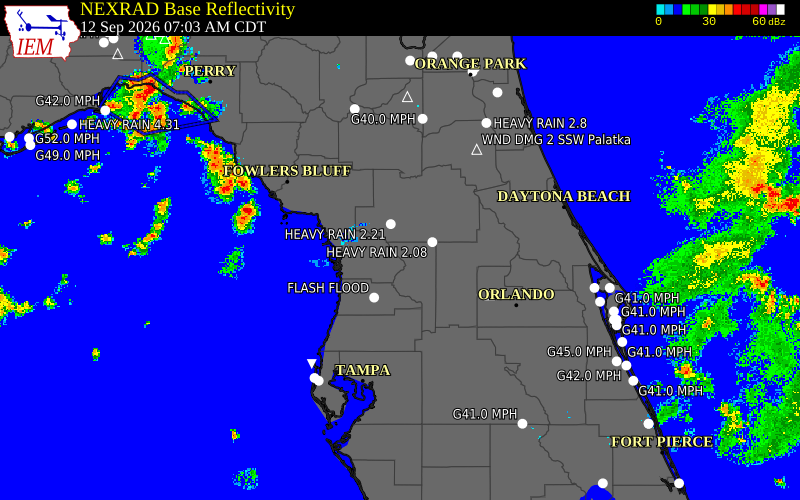 Current NEXRAD radar over Sumter County, Florida with recent storm report locations
