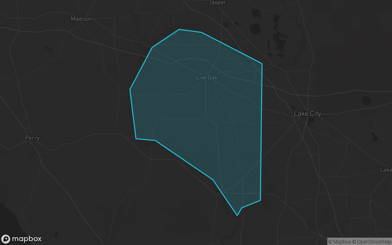Map of Suwannee County, Florida showing the county boundary and surrounding cities