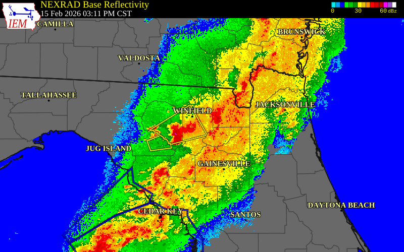 NEXRAD radar during the Sunday, February 15, 2026 storm activity in Suwannee County, Florida