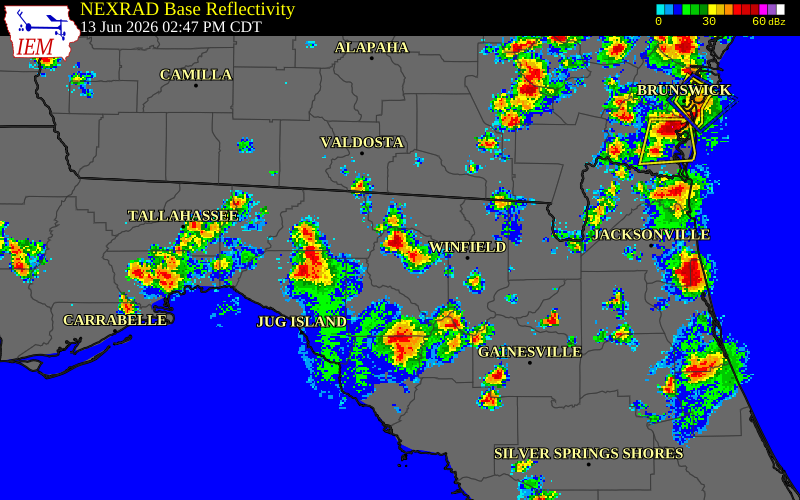 NEXRAD radar during the Saturday, June 13, 2026 storm activity in Suwannee County, Florida