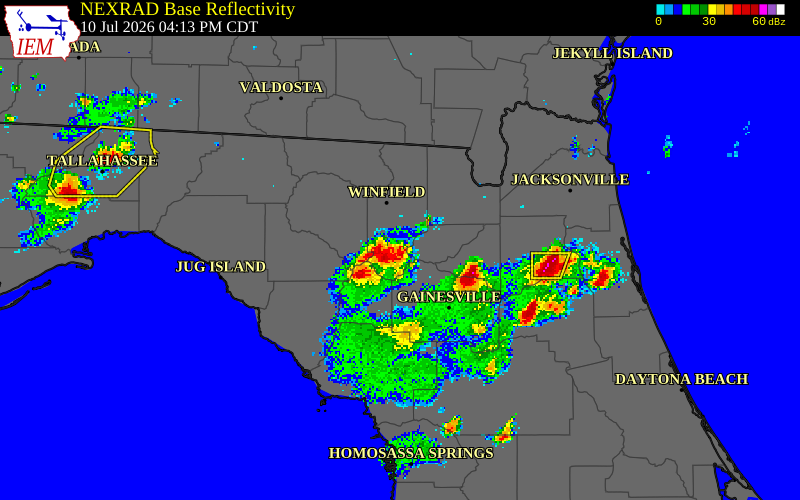 NEXRAD radar during the Friday, July 10, 2026 storm activity in Suwannee County, Florida