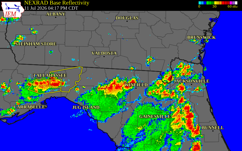 NEXRAD radar during the Saturday, July 11, 2026 storm activity in Suwannee County, Florida