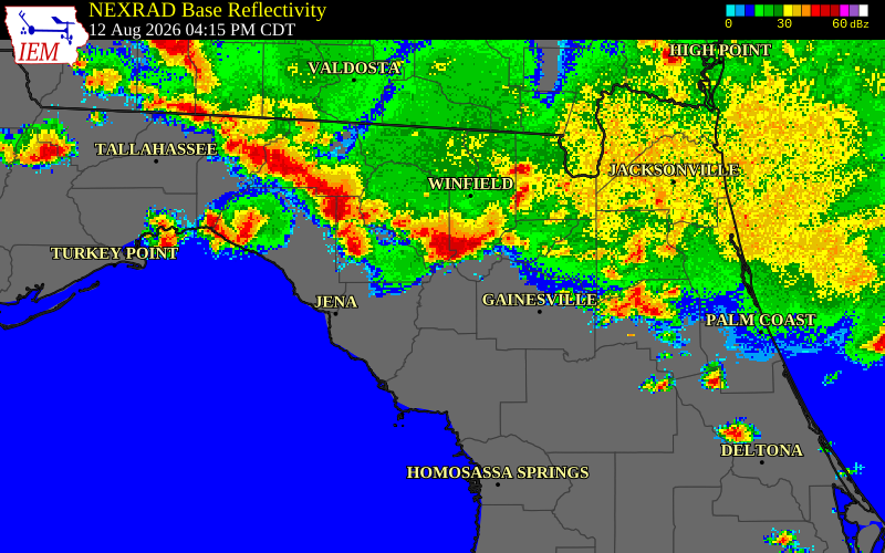 NEXRAD radar during the Wednesday, August 12, 2026 storm activity in Suwannee County, Florida