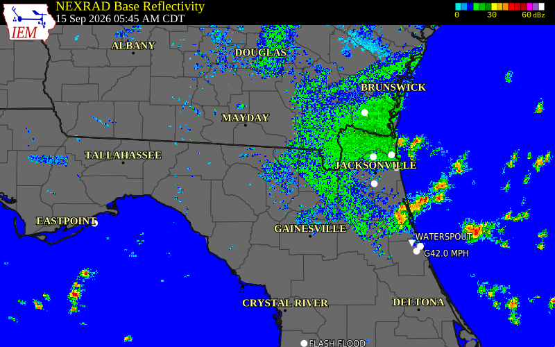 Current NEXRAD radar over Suwannee County, Florida with recent storm report locations