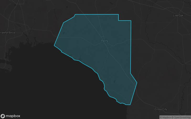 Map of Taylor County, Florida showing the county boundary and surrounding cities