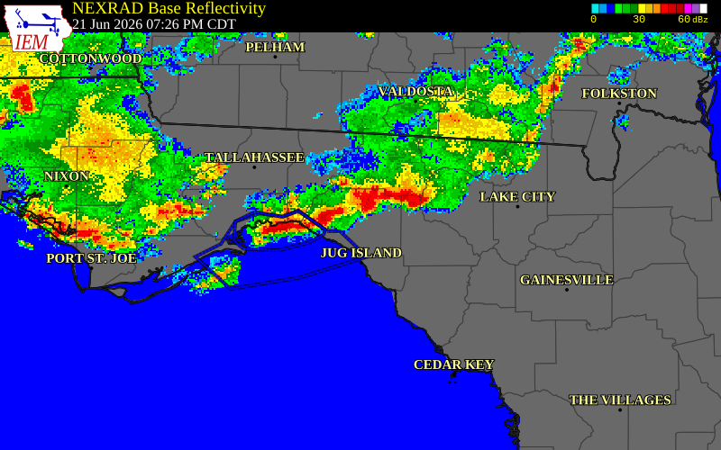 NEXRAD radar during the Sunday, June 21, 2026 storm activity in Taylor County, Florida
