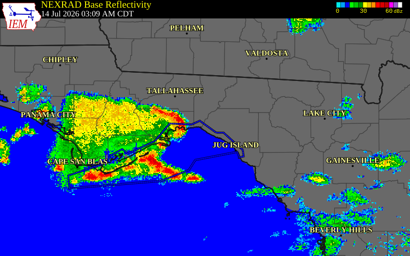 NEXRAD radar during the Tuesday, July 14, 2026 storm activity in Taylor County, Florida