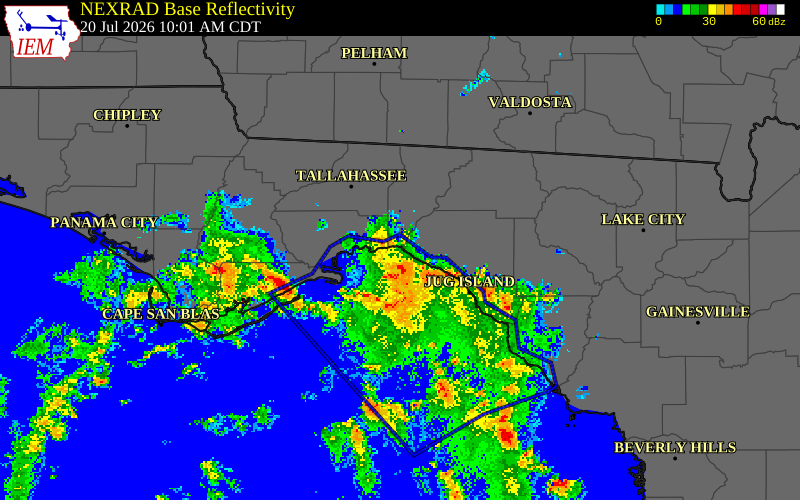 NEXRAD radar during the Monday, July 20, 2026 storm activity in Taylor County, Florida