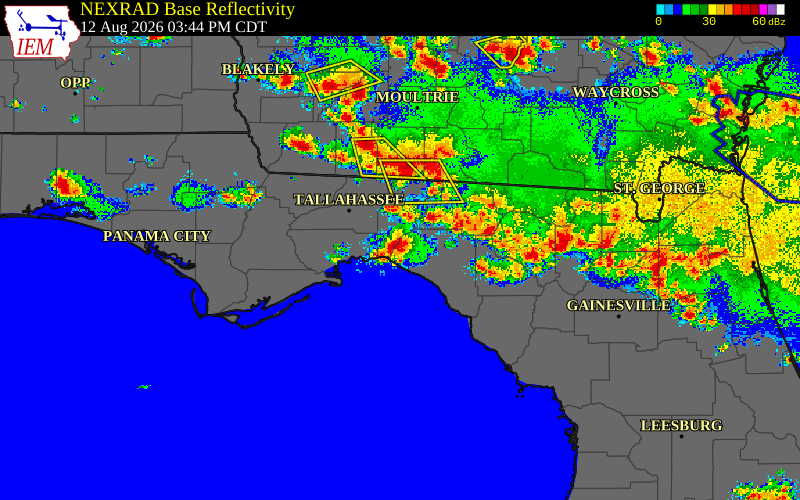 Radar snapshot during the Aug 12, 2026 wind event near Taylor County, Taylor County, Florida, with NWS warning polygons