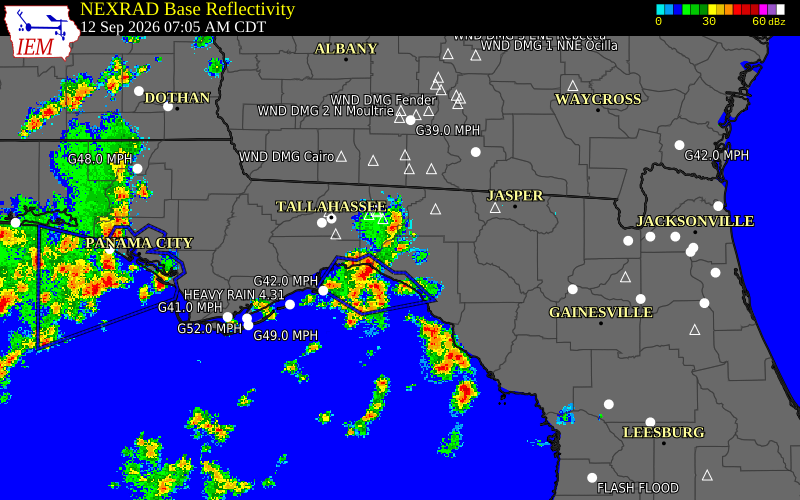 Current NEXRAD radar over Taylor County, Florida with recent storm report locations